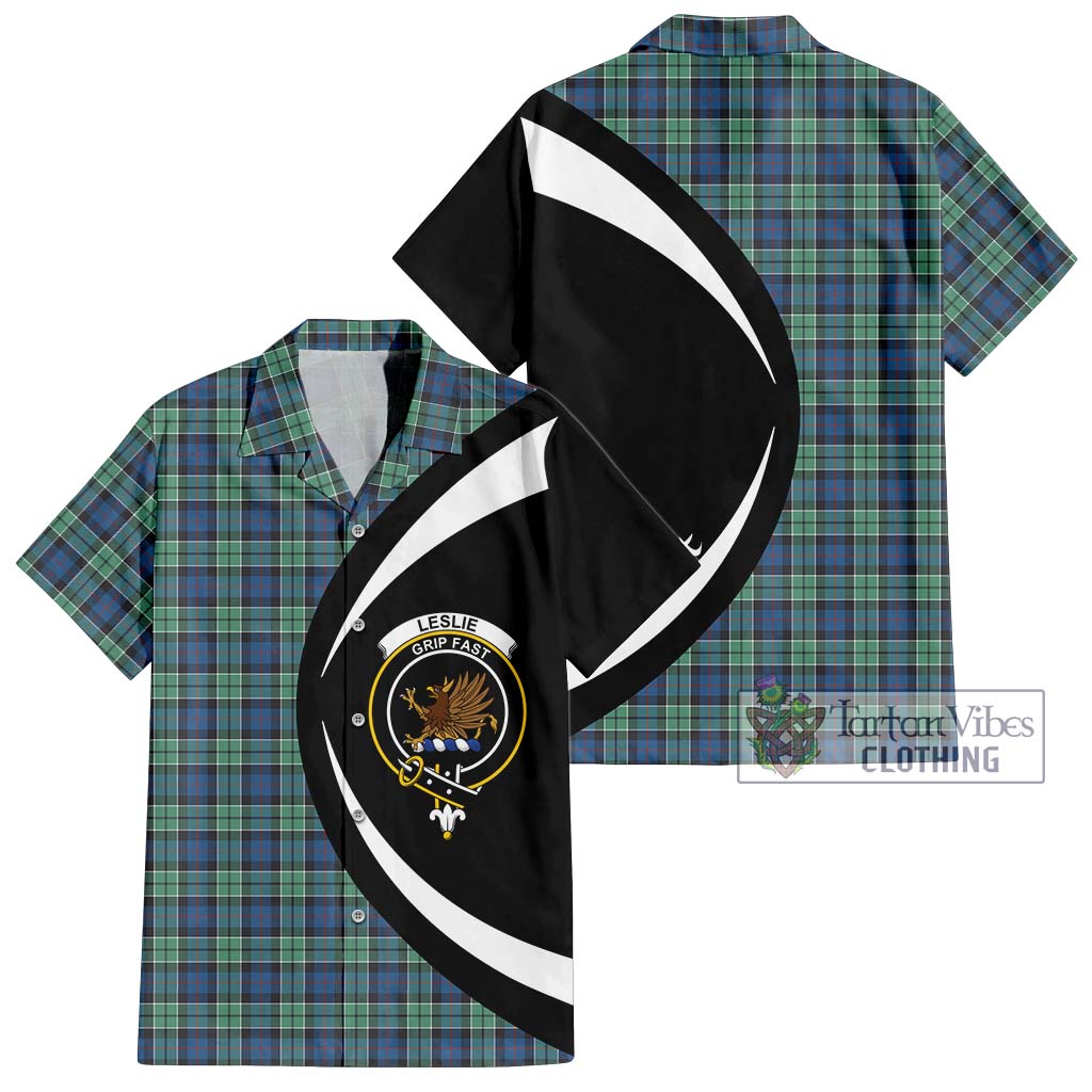 Leslie Hunting Ancient Tartan Short Sleeve Button Up with Family Crest Circle Style Kid - Tartan Vibes Clothing