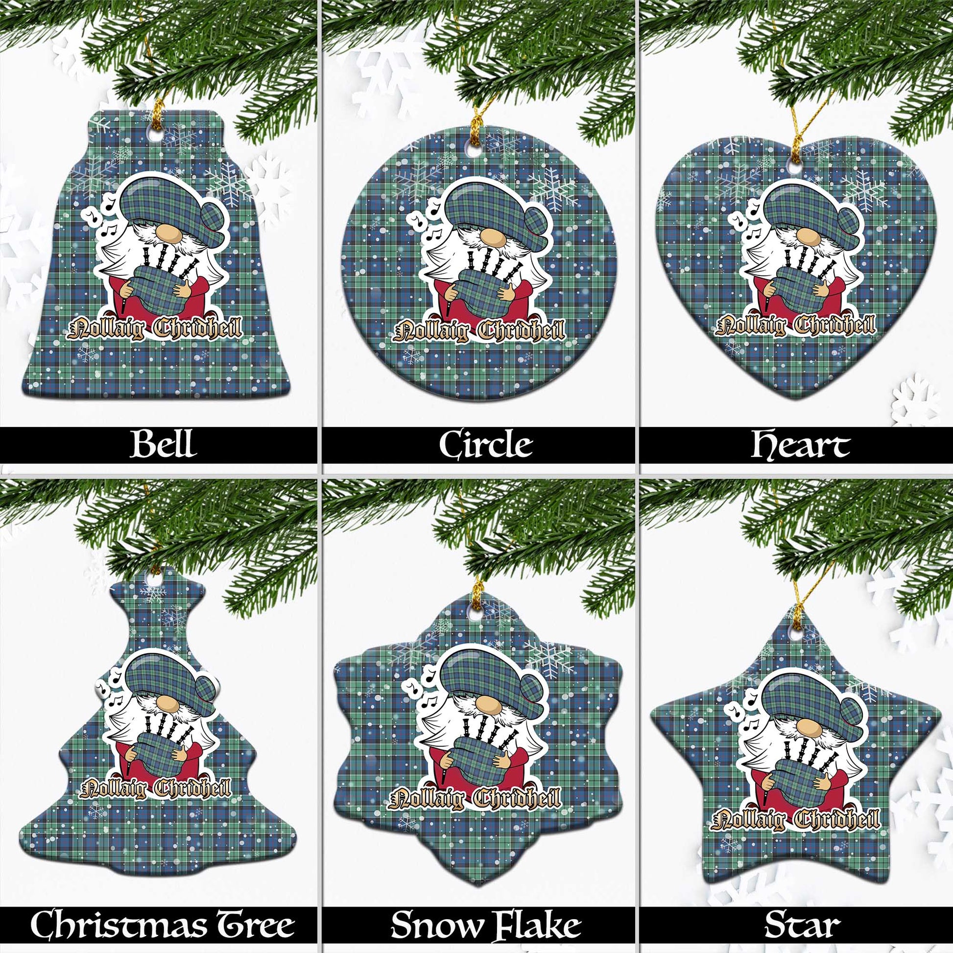 Leslie Hunting Ancient Tartan Christmas Ornaments with Scottish Gnome Playing Bagpipes Ceramic - Tartanvibesclothing