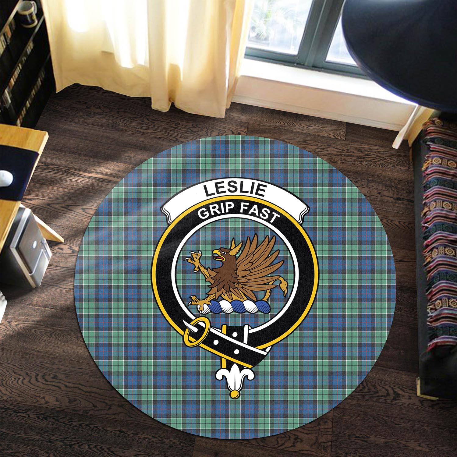 leslie-hunting-ancient-tartan-round-rug-with-family-crest