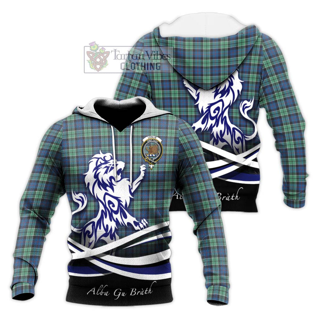 Leslie Hunting Ancient Tartan Knitted Hoodie with Alba Gu Brath Regal Lion Emblem Unisex Knitted Pullover Hoodie - Tartanvibesclothing Shop