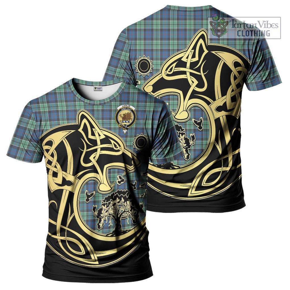 Leslie Hunting Ancient Tartan T-Shirt with Family Crest Celtic Wolf Style Kid's Shirt - Tartan Vibes Clothing