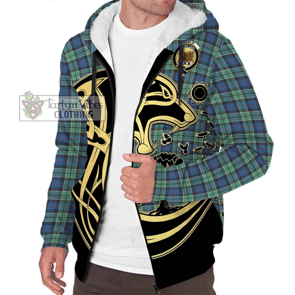 Leslie Hunting Ancient Tartan Sherpa Hoodie with Family Crest Celtic Wolf Style Unisex S - Tartan Vibes Clothing