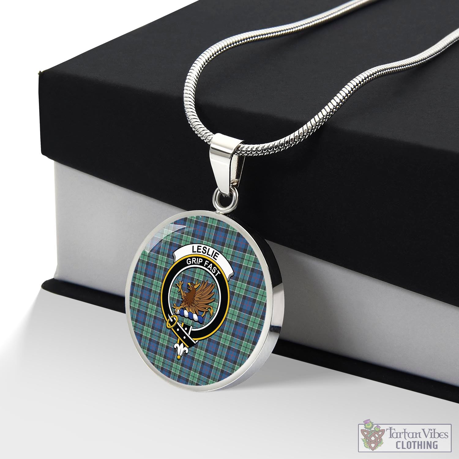 Tartan Vibes Clothing Leslie Hunting Ancient Tartan Circle Necklace with Family Crest