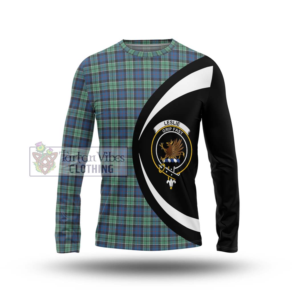 Leslie Hunting Ancient Tartan Long Sleeve T-Shirt with Family Crest Circle Style Unisex - Tartan Vibes Clothing