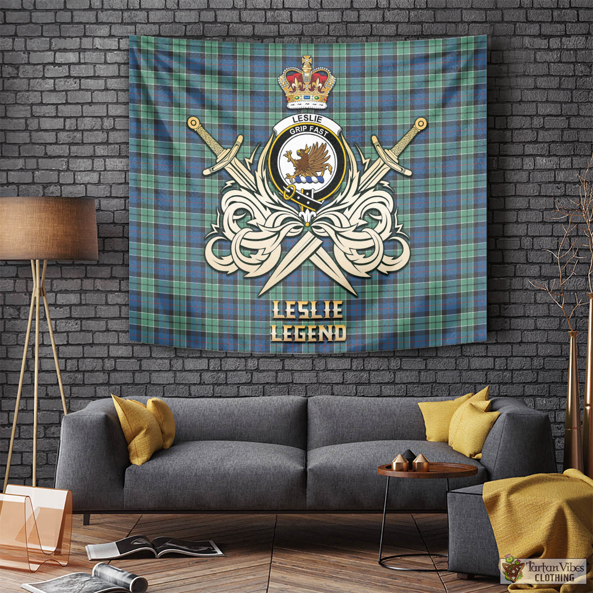 Tartan Vibes Clothing Leslie Hunting Ancient Tartan Tapestry with Clan Crest and the Golden Sword of Courageous Legacy