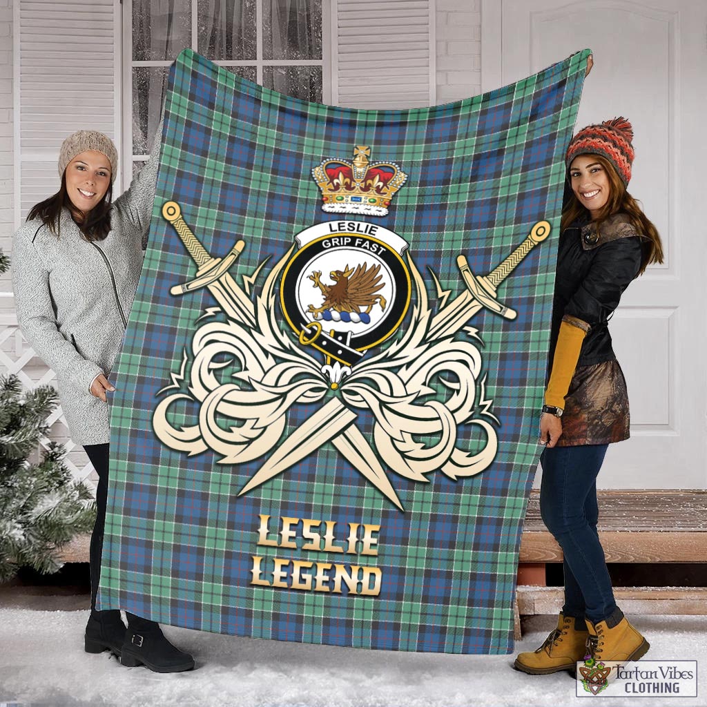 Tartan Vibes Clothing Leslie Hunting Ancient Tartan Blanket with Clan Crest and the Golden Sword of Courageous Legacy