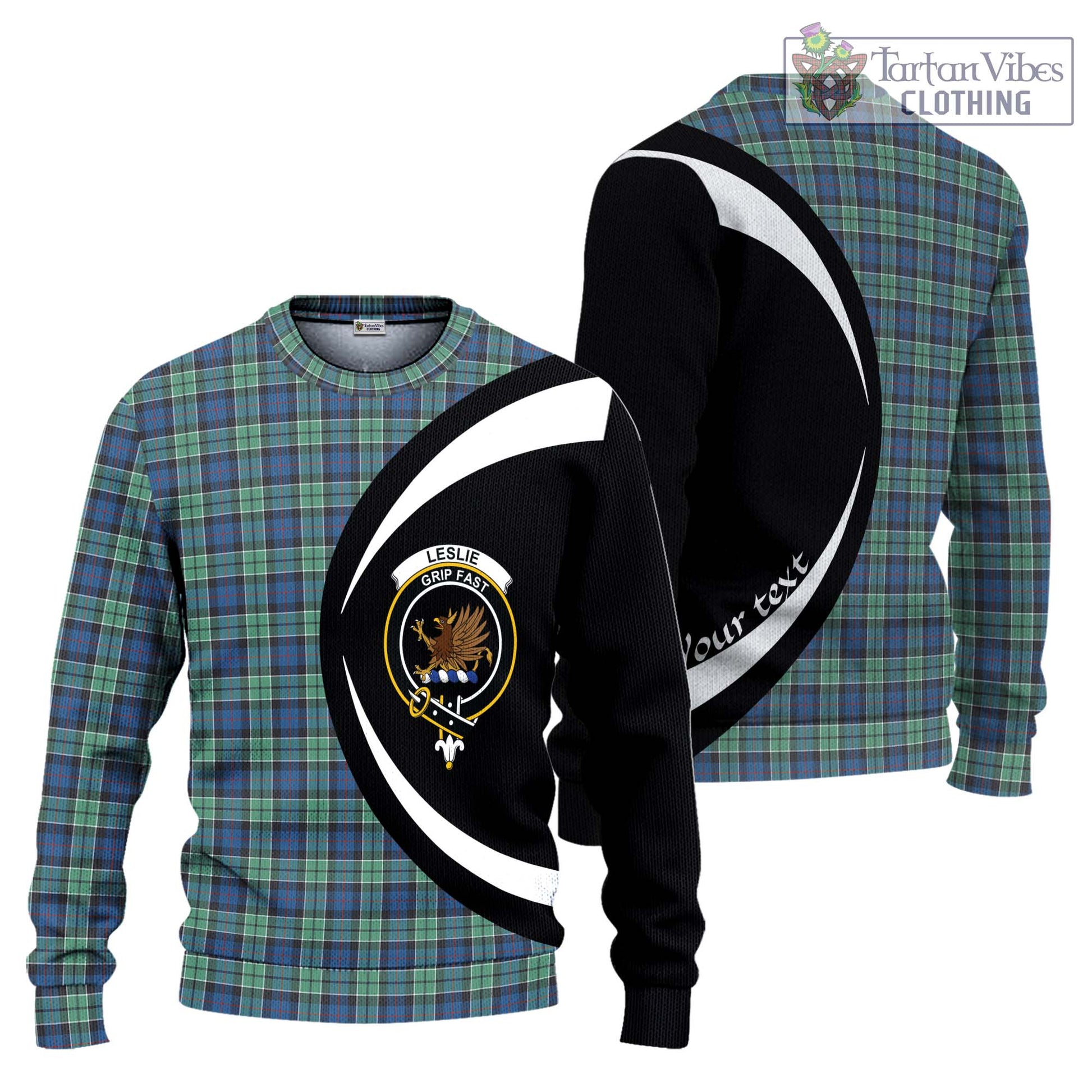 Leslie Hunting Ancient Tartan Ugly Sweater with Family Crest Circle Style Unisex - Tartan Vibes Clothing