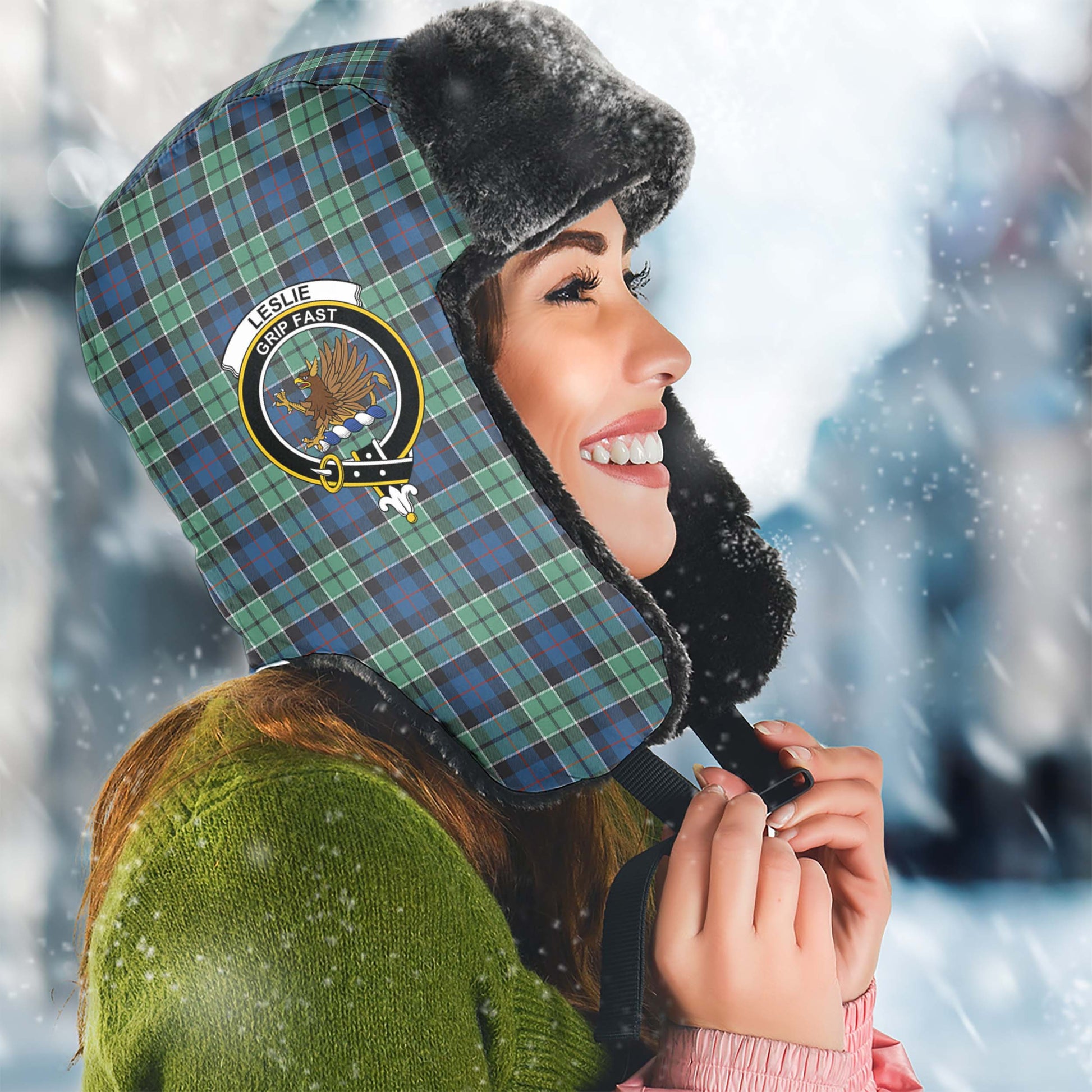 Leslie Hunting Ancient Tartan Winter Trapper Hat with Family Crest Winter Trapper Hat Universal Fit Circumference 22.8in (58cm) - Tartanvibesclothing