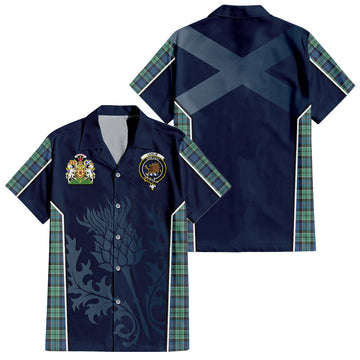 Leslie Hunting Ancient Tartan Short Sleeve Button Up Shirt with Family Crest and Scottish Thistle Vibes Sport Style