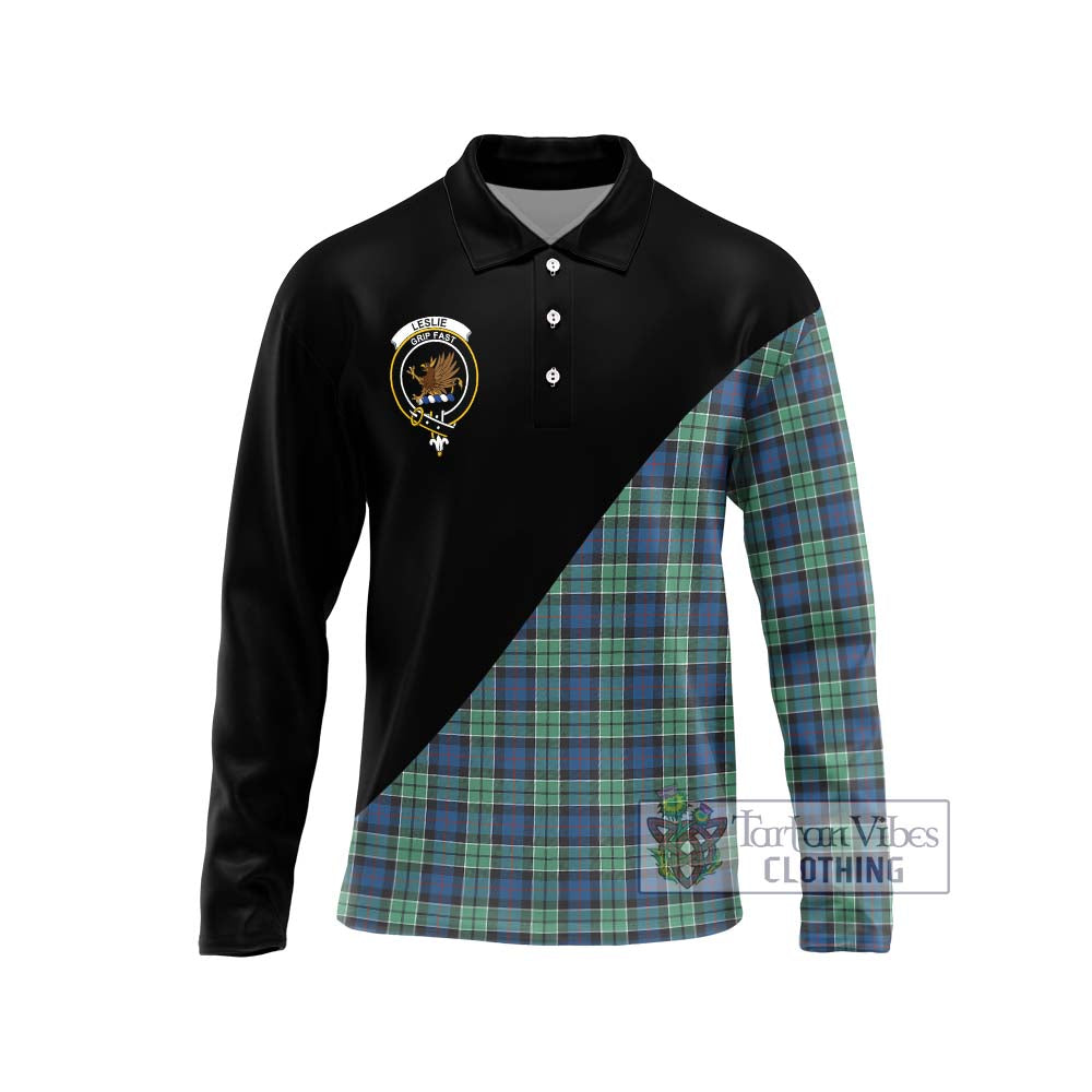 Leslie Hunting Ancient Tartan Long Sleeve Polo Shirt with Family Crest and Military Logo Style Unisex - Tartanvibesclothing Shop