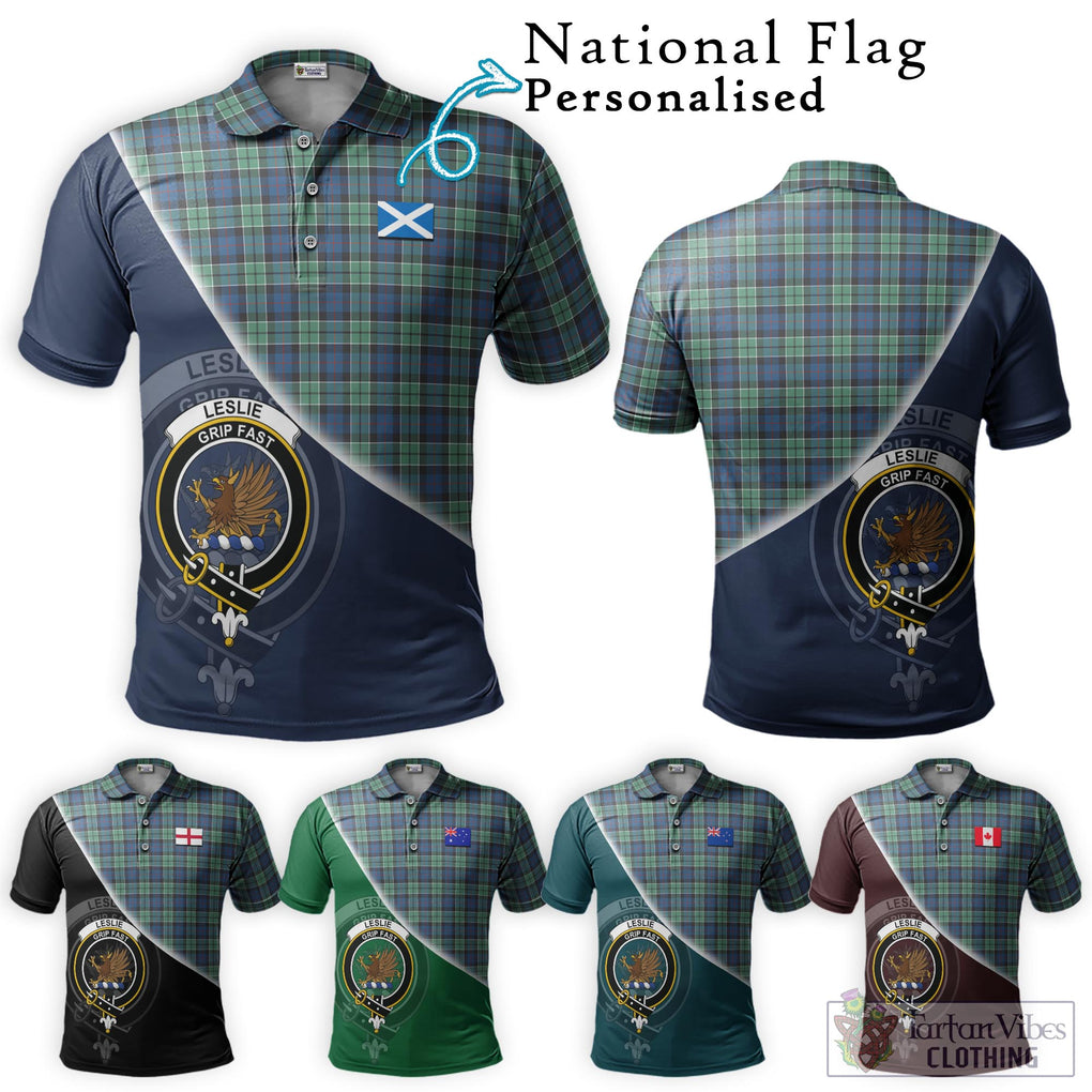 Leslie Hunting Ancient Tartan Polo Shirt with Personalised National Flag and Family Crest Half Style Maroon - Tartanvibesclothing Shop