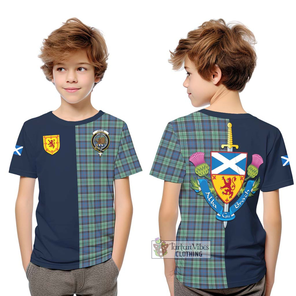 Tartan Vibes Clothing Leslie Hunting Ancient Tartan Kid T-Shirt with Scottish Lion Royal Arm Half Style