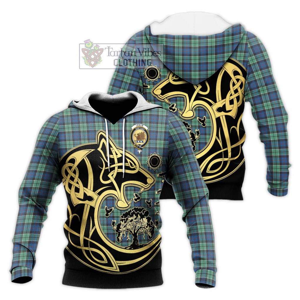 Leslie Hunting Ancient Tartan Knitted Hoodie with Family Crest Celtic Wolf Style Unisex Knitted Pullover Hoodie - Tartan Vibes Clothing