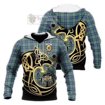 Leslie Hunting Ancient Tartan Knitted Hoodie with Family Crest Celtic Wolf Style