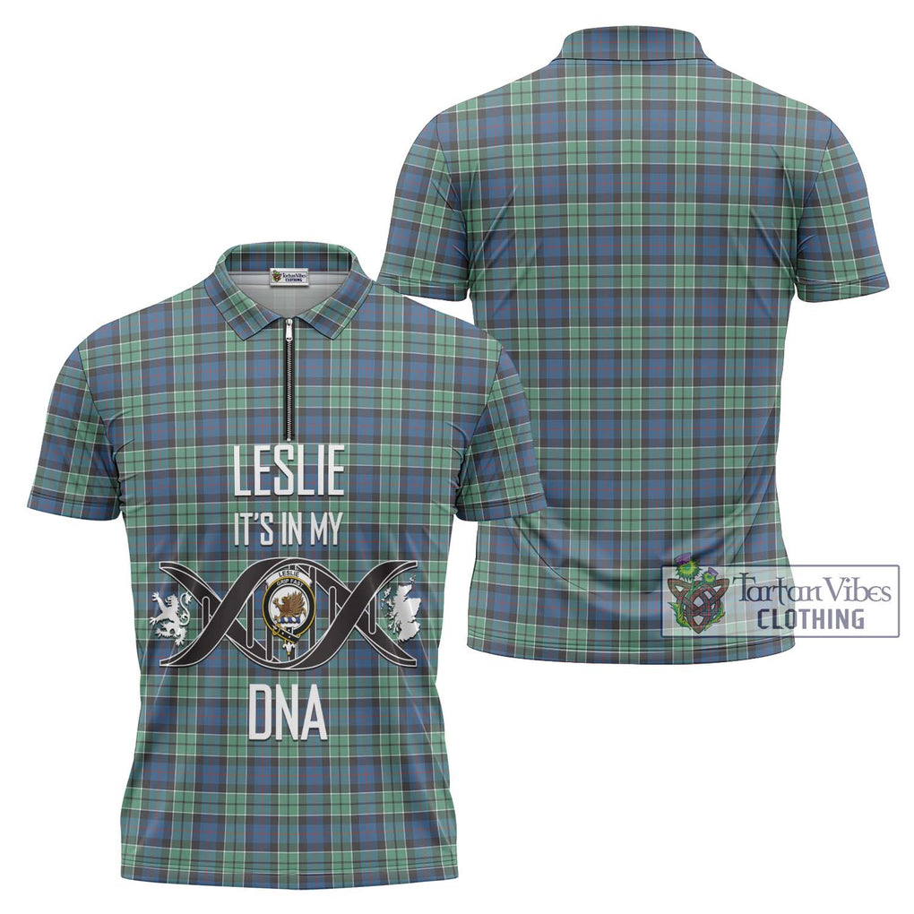 Leslie Hunting Ancient Tartan Zipper Polo Shirt with Family Crest DNA In Me Style Unisex - Tartanvibesclothing Shop