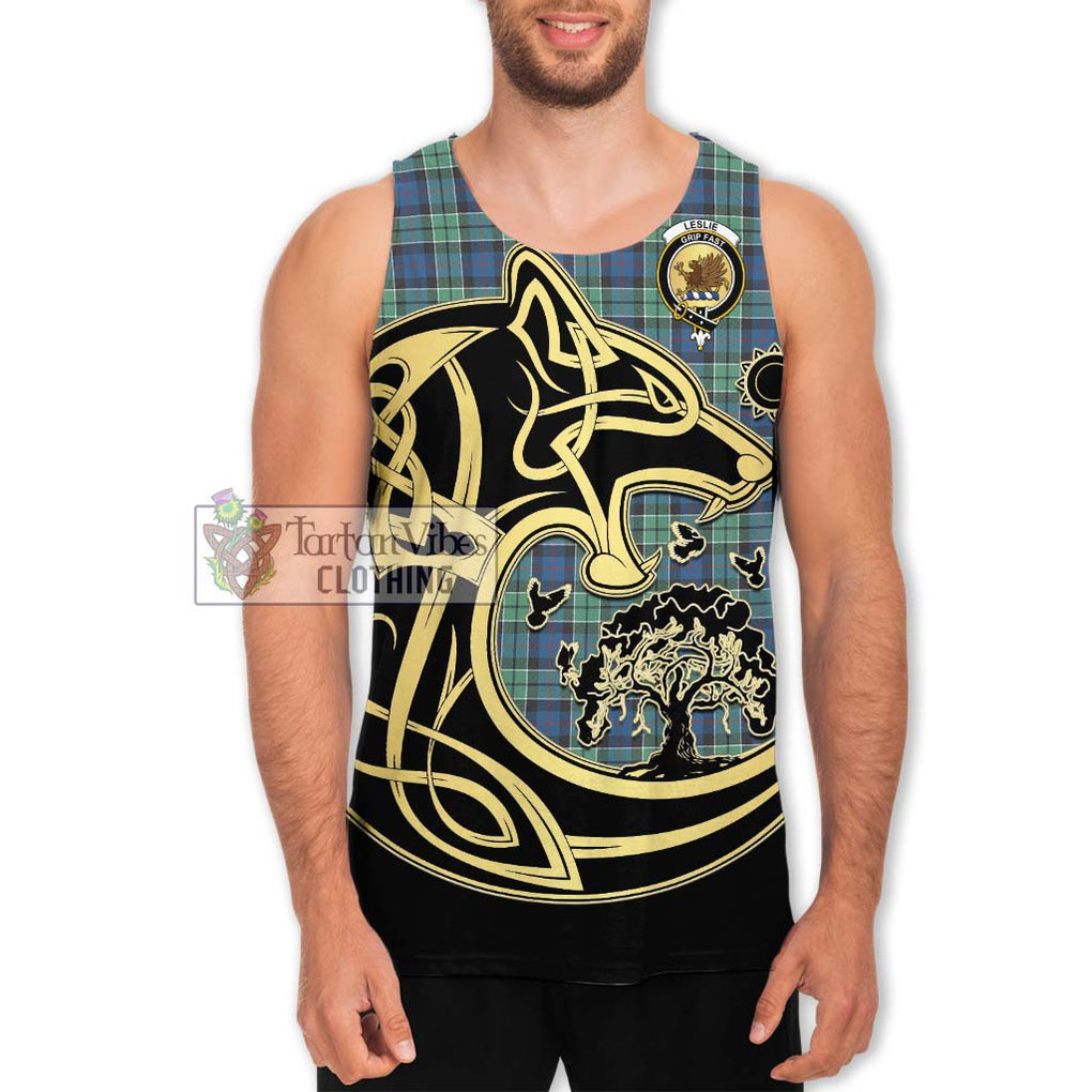 Leslie Hunting Ancient Tartan Men's Tank Top with Family Crest Celtic Wolf Style Men - Tartan Vibes Clothing