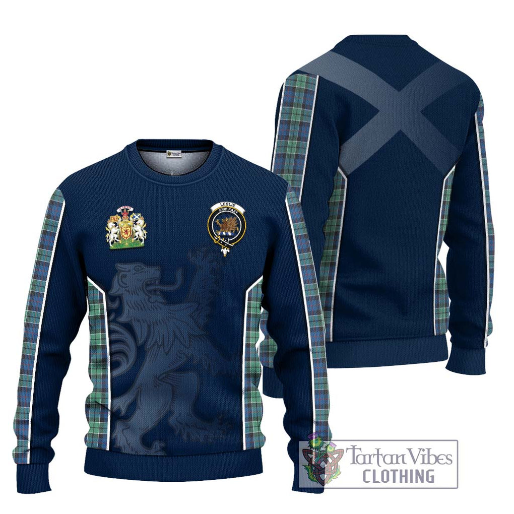 Leslie Hunting Ancient Tartan Knitted Sweater with Family Crest and Lion Rampant Vibes Sport Style Unisex - Tartan Vibes Clothing