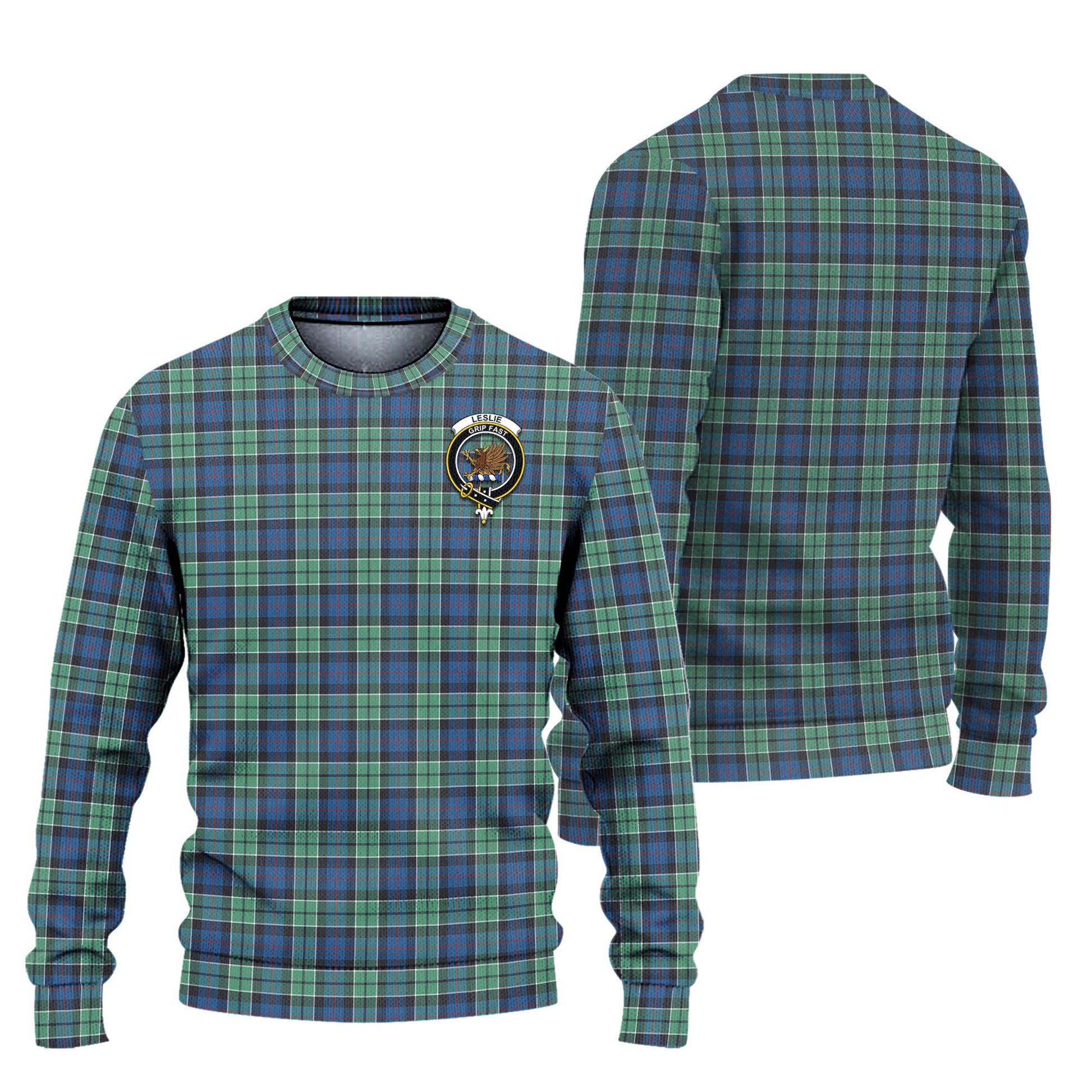 Leslie Hunting Ancient Tartan Knitted Sweater with Family Crest Unisex - Tartanvibesclothing