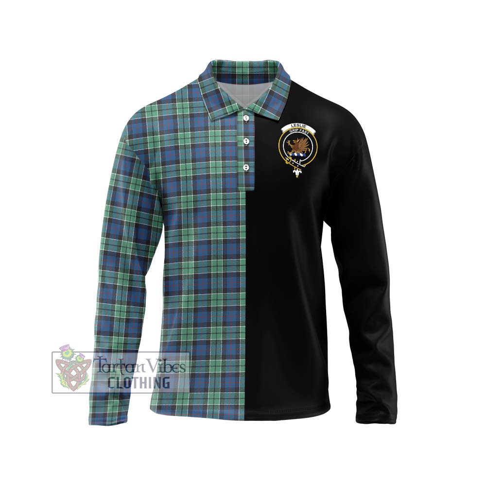 Leslie Hunting Ancient Tartan Long Sleeve Polo Shirt with Family Crest and Half Of Me Style Unisex - Tartanvibesclothing Shop