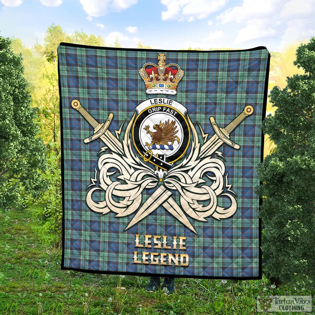 Tartan Vibes Clothing Leslie Hunting Ancient Tartan Quilt with Clan Crest and the Golden Sword of Courageous Legacy