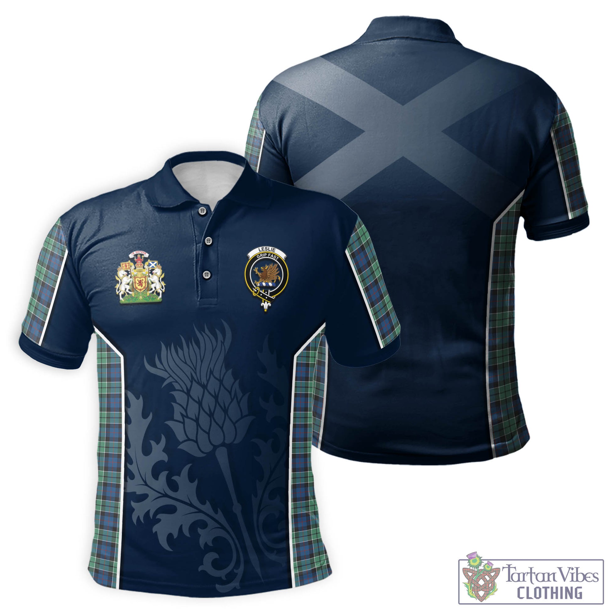 Tartan Vibes Clothing Leslie Hunting Ancient Tartan Men's Polo Shirt with Family Crest and Scottish Thistle Vibes Sport Style