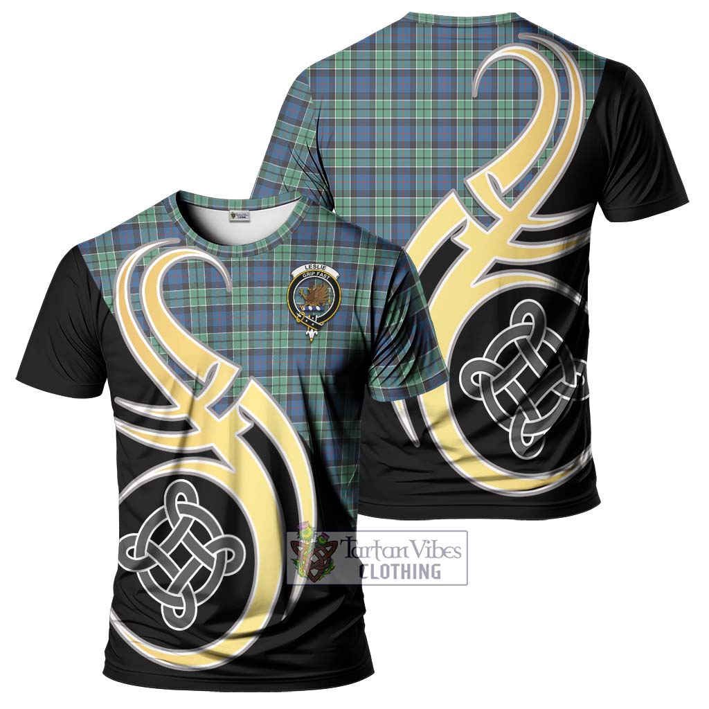 Tartan Vibes Clothing Leslie Hunting Ancient Tartan T-Shirt with Family Crest and Celtic Symbol Style