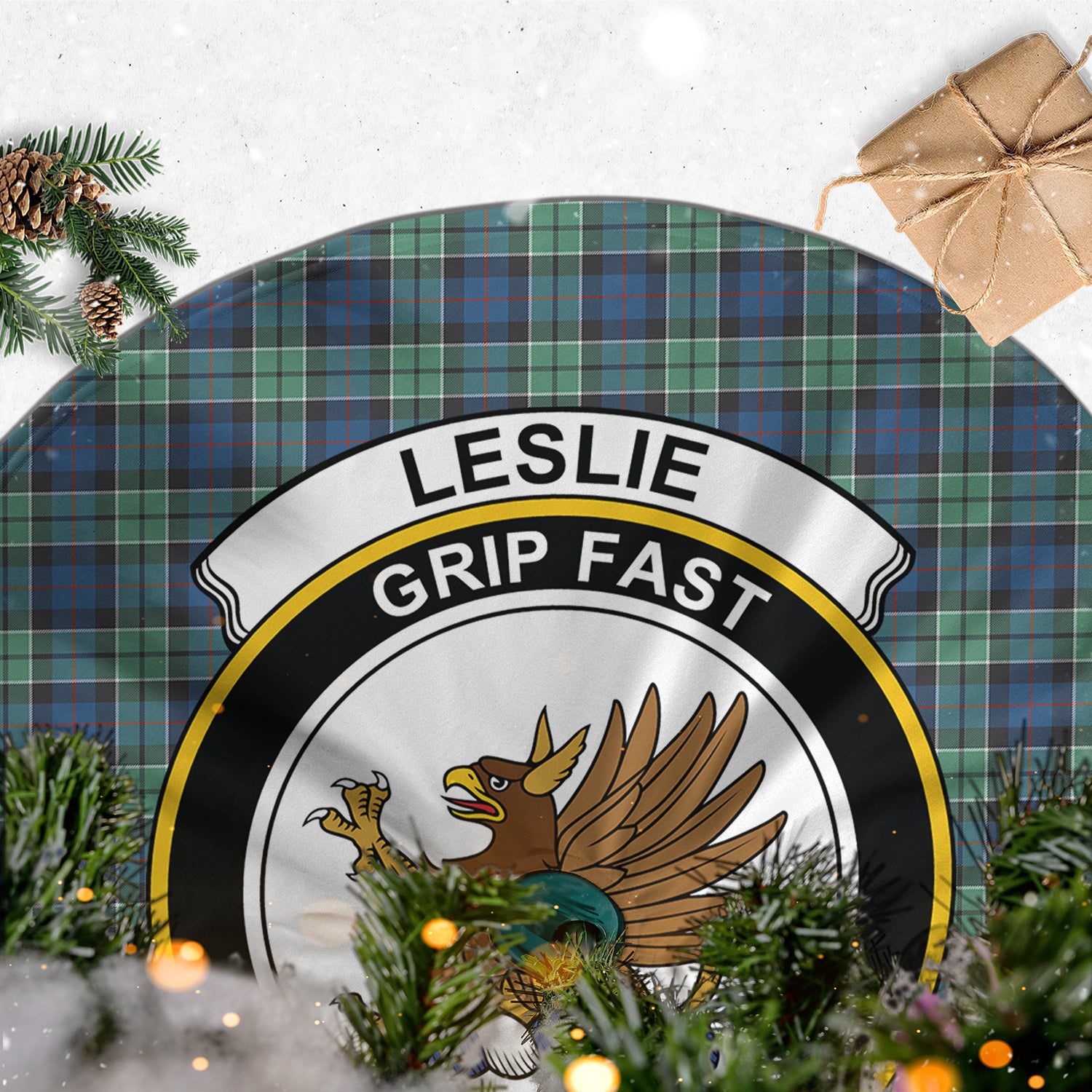 Leslie Hunting Ancient Tartan Christmas Tree Skirt with Family Crest - Tartanvibesclothing