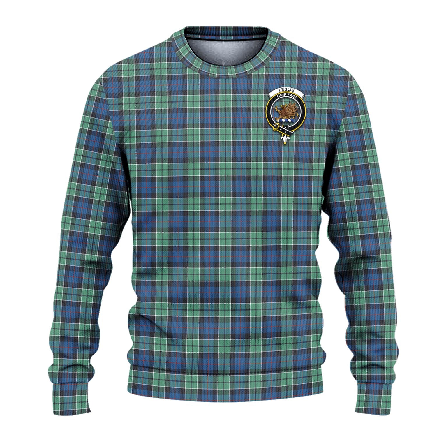 Leslie Hunting Ancient Tartan Knitted Sweater with Family Crest - Tartanvibesclothing