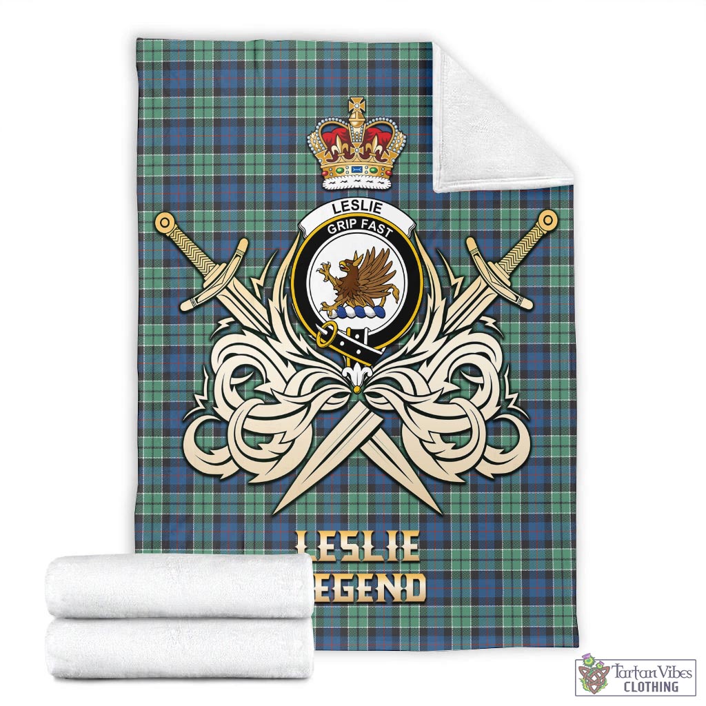 Tartan Vibes Clothing Leslie Hunting Ancient Tartan Blanket with Clan Crest and the Golden Sword of Courageous Legacy