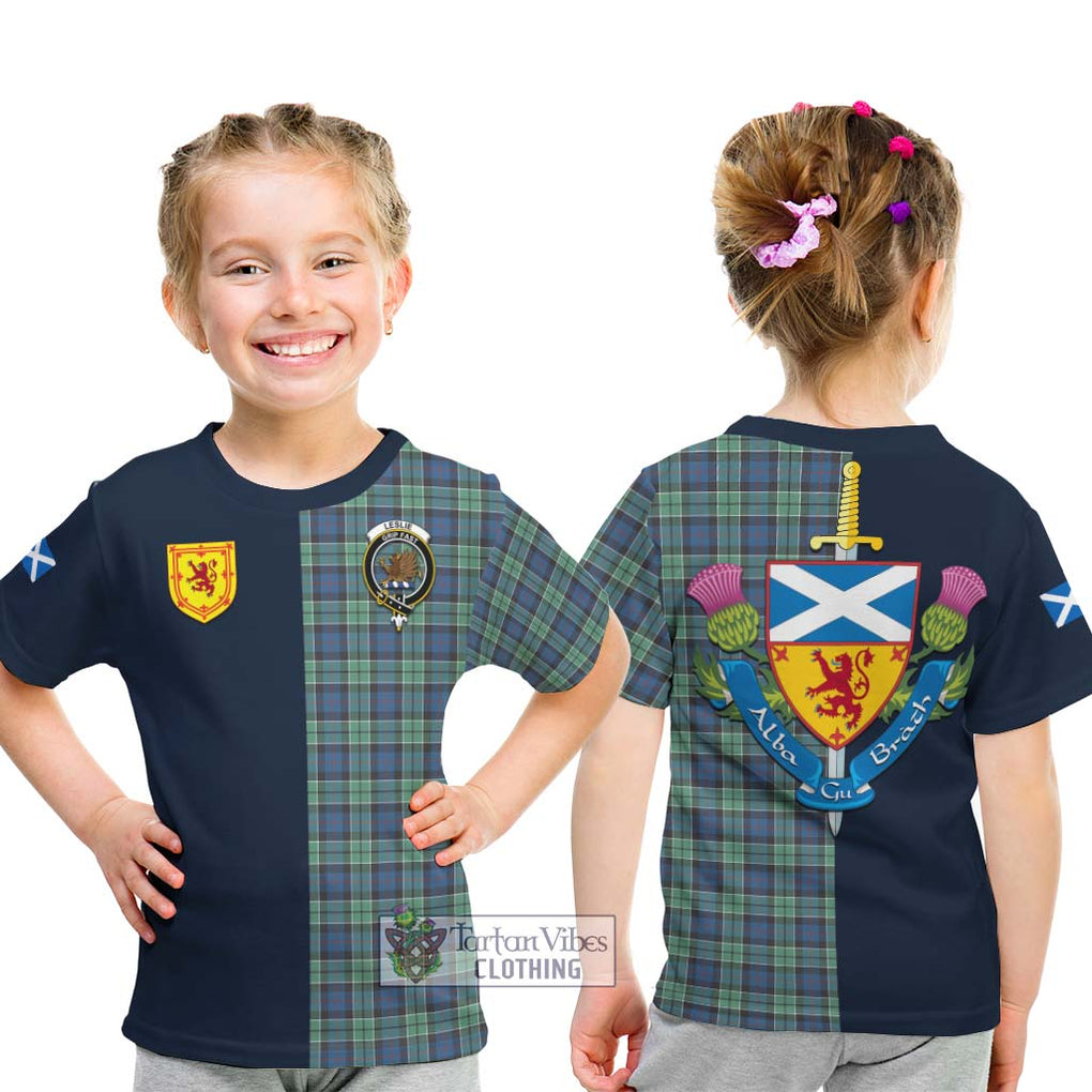 Tartan Vibes Clothing Leslie Hunting Ancient Tartan Kid T-Shirt with Scottish Lion Royal Arm Half Style