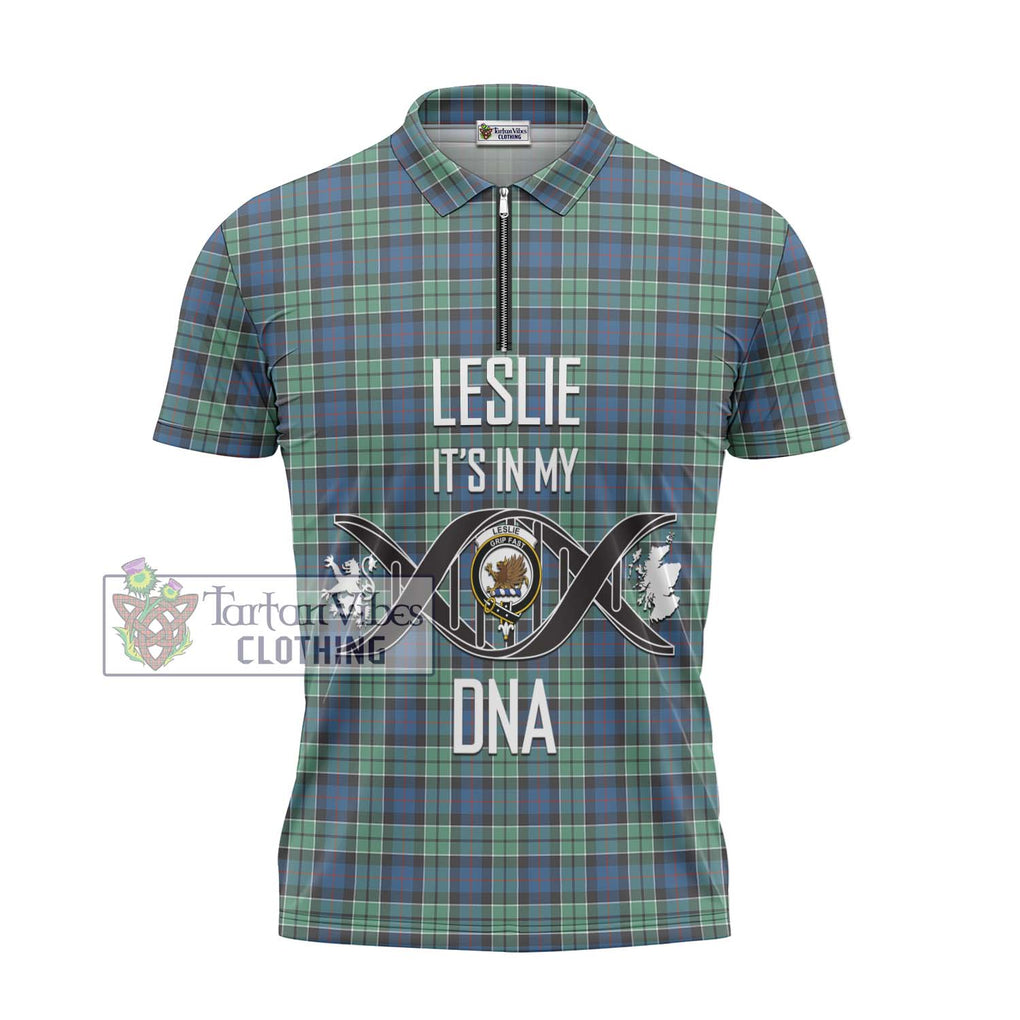 Leslie Hunting Ancient Tartan Zipper Polo Shirt with Family Crest DNA In Me Style - Tartanvibesclothing Shop