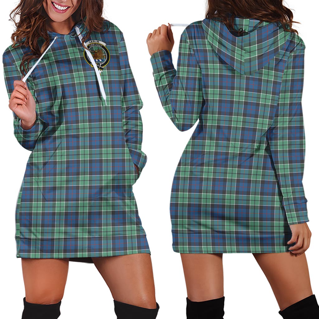 Leslie Hunting Ancient Tartan Hoodie Dress with Family Crest - Tartan Vibes Clothing