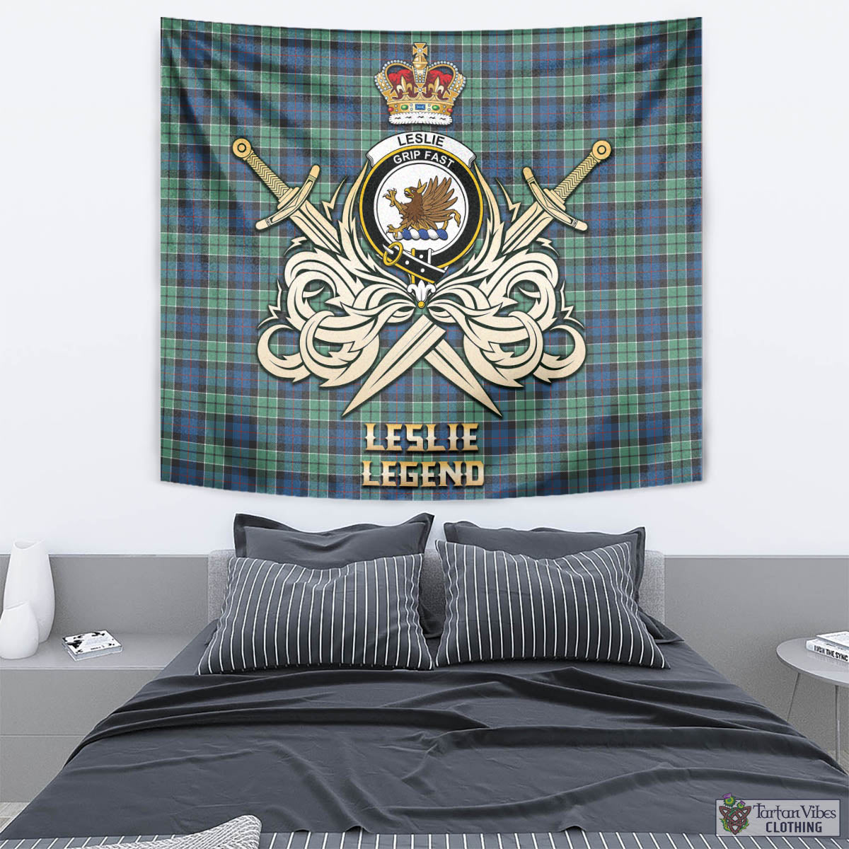 Tartan Vibes Clothing Leslie Hunting Ancient Tartan Tapestry with Clan Crest and the Golden Sword of Courageous Legacy