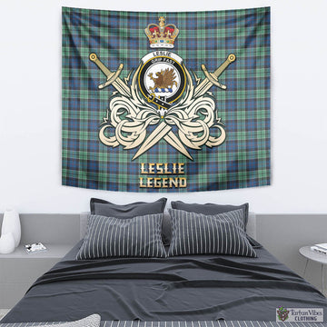 Leslie Hunting Ancient Tartan Tapestry with Clan Crest and the Golden Sword of Courageous Legacy