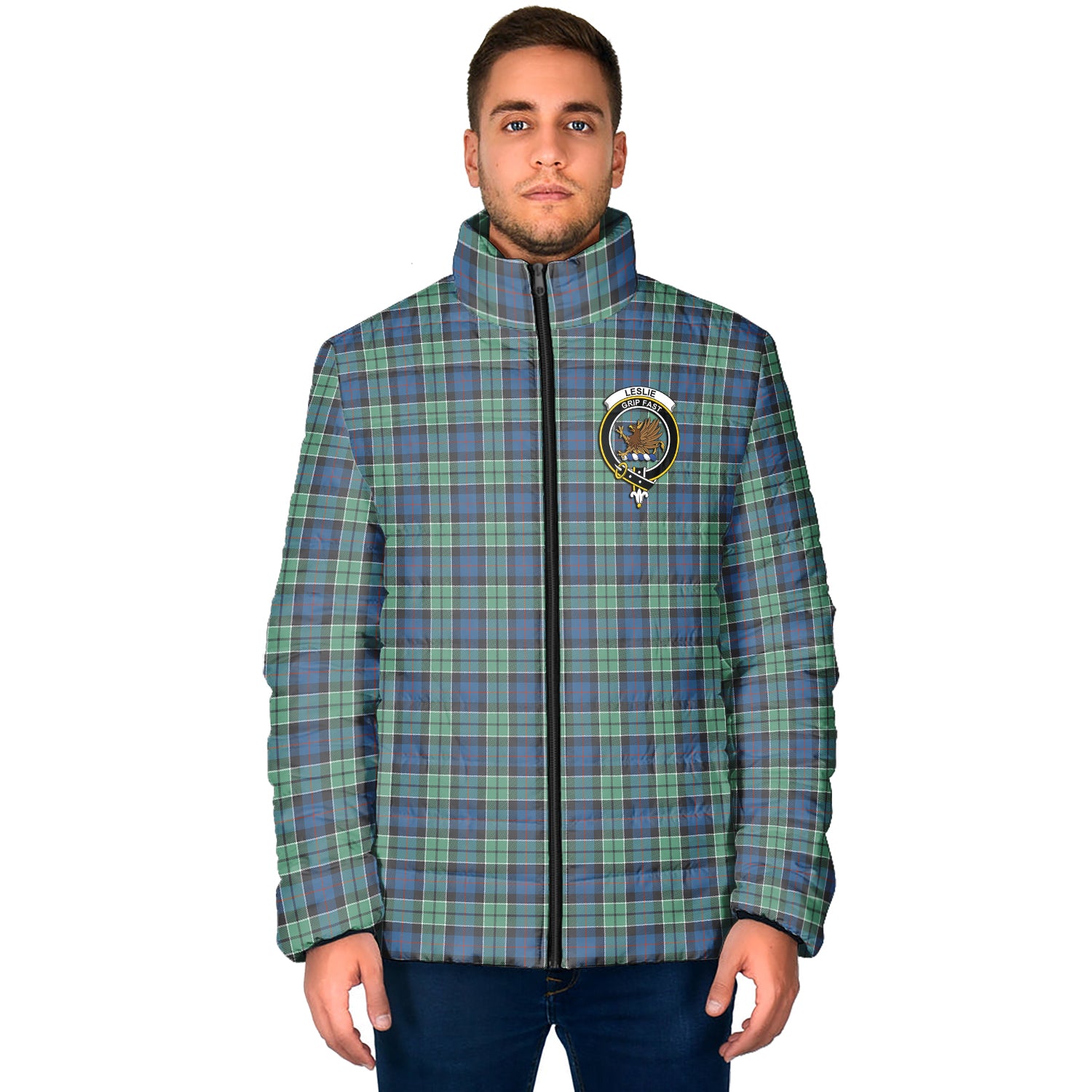 Leslie Hunting Ancient Tartan Padded Jacket with Family Crest - Tartan Vibes Clothing