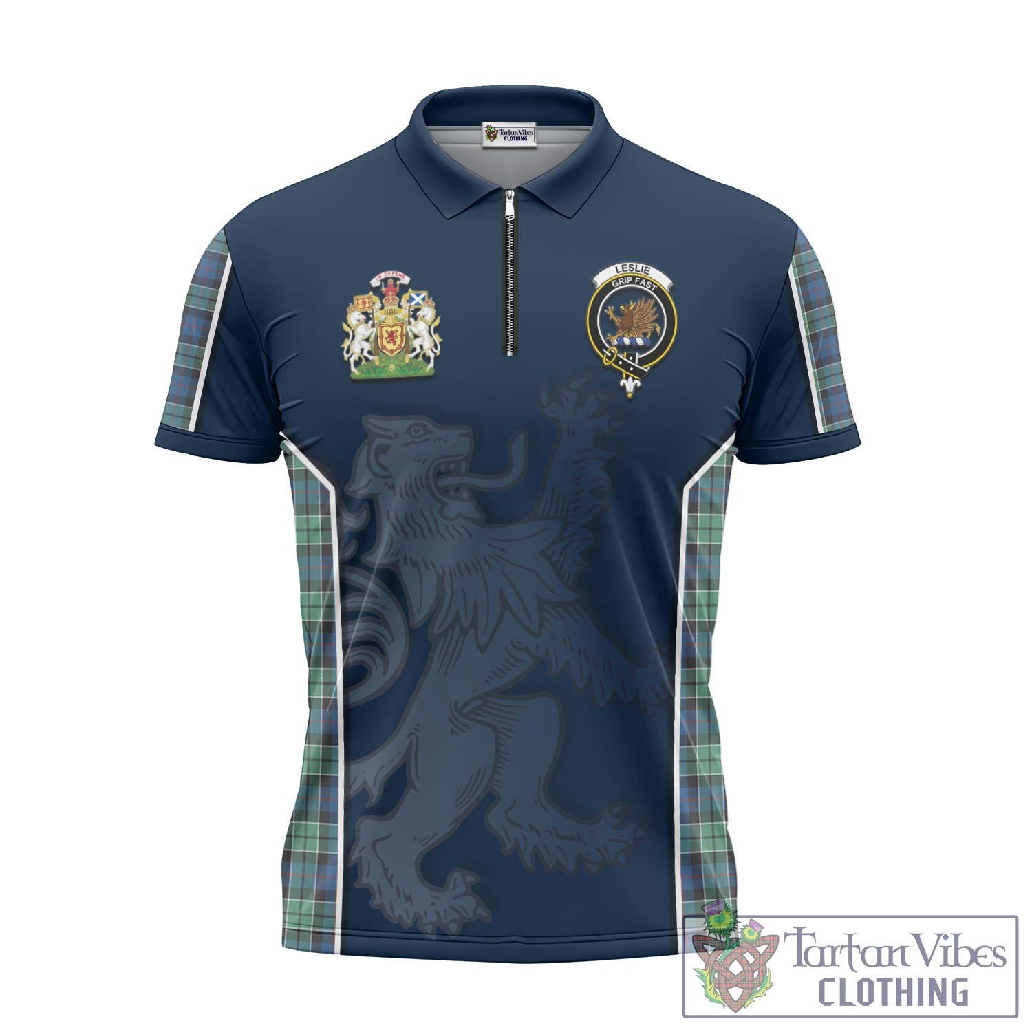 Tartan Vibes Clothing Leslie Hunting Ancient Tartan Zipper Polo Shirt with Family Crest and Lion Rampant Vibes Sport Style