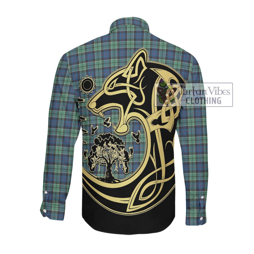 Leslie Hunting Ancient Tartan Long Sleeve Button Shirt with Family Crest Celtic Wolf Style Men's Shirt - Tartan Vibes Clothing