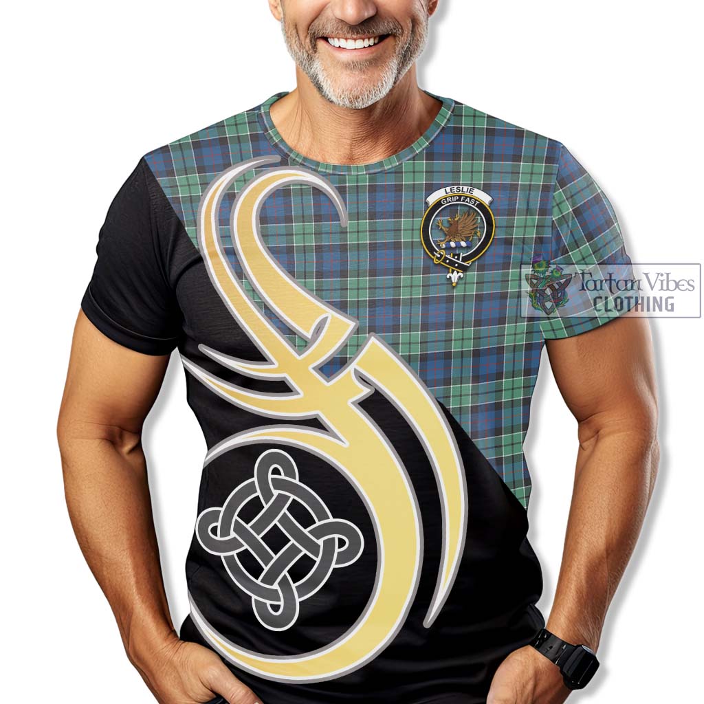 Tartan Vibes Clothing Leslie Hunting Ancient Tartan T-Shirt with Family Crest and Celtic Symbol Style