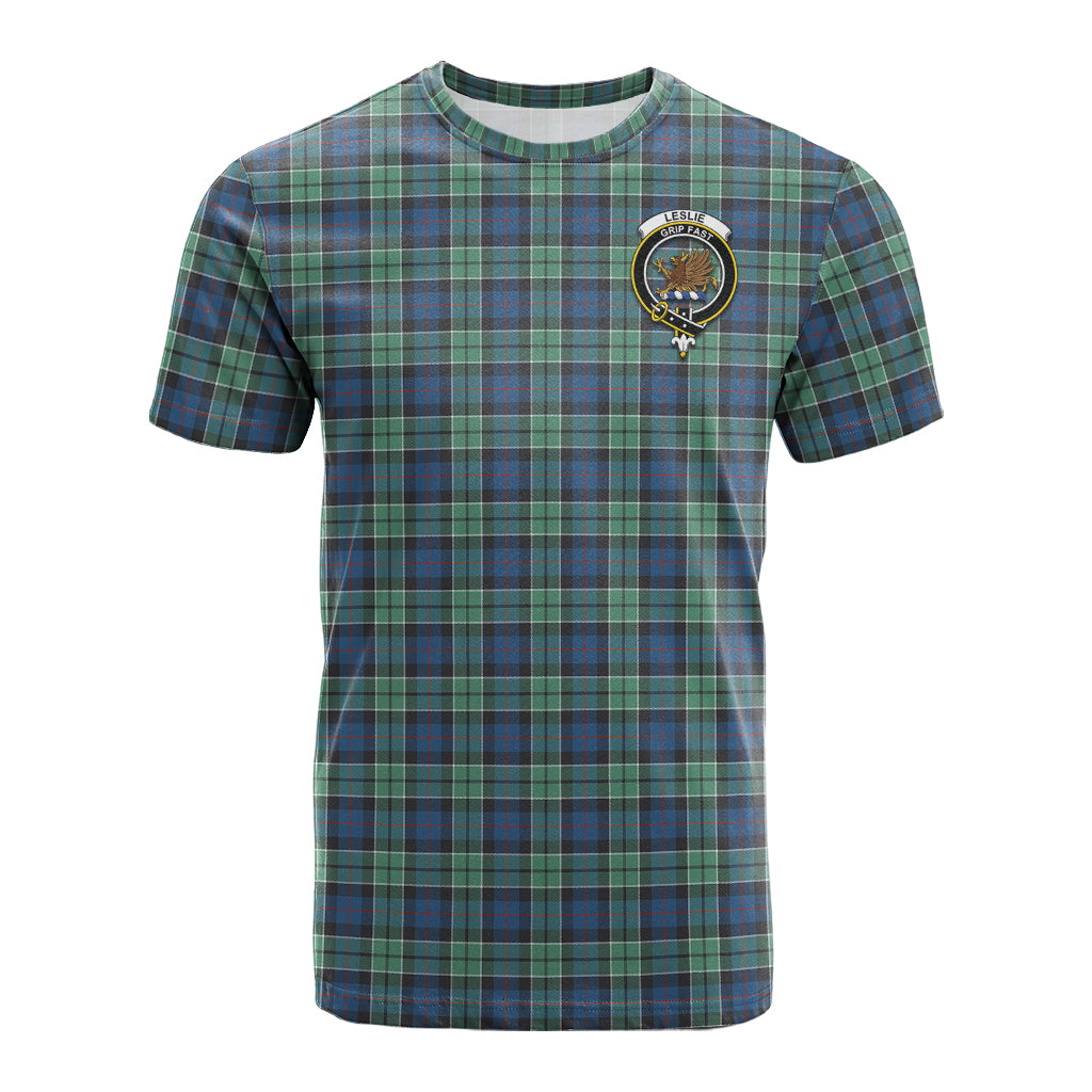 Leslie Hunting Ancient Tartan T-Shirt with Family Crest - Tartan Vibes Clothing