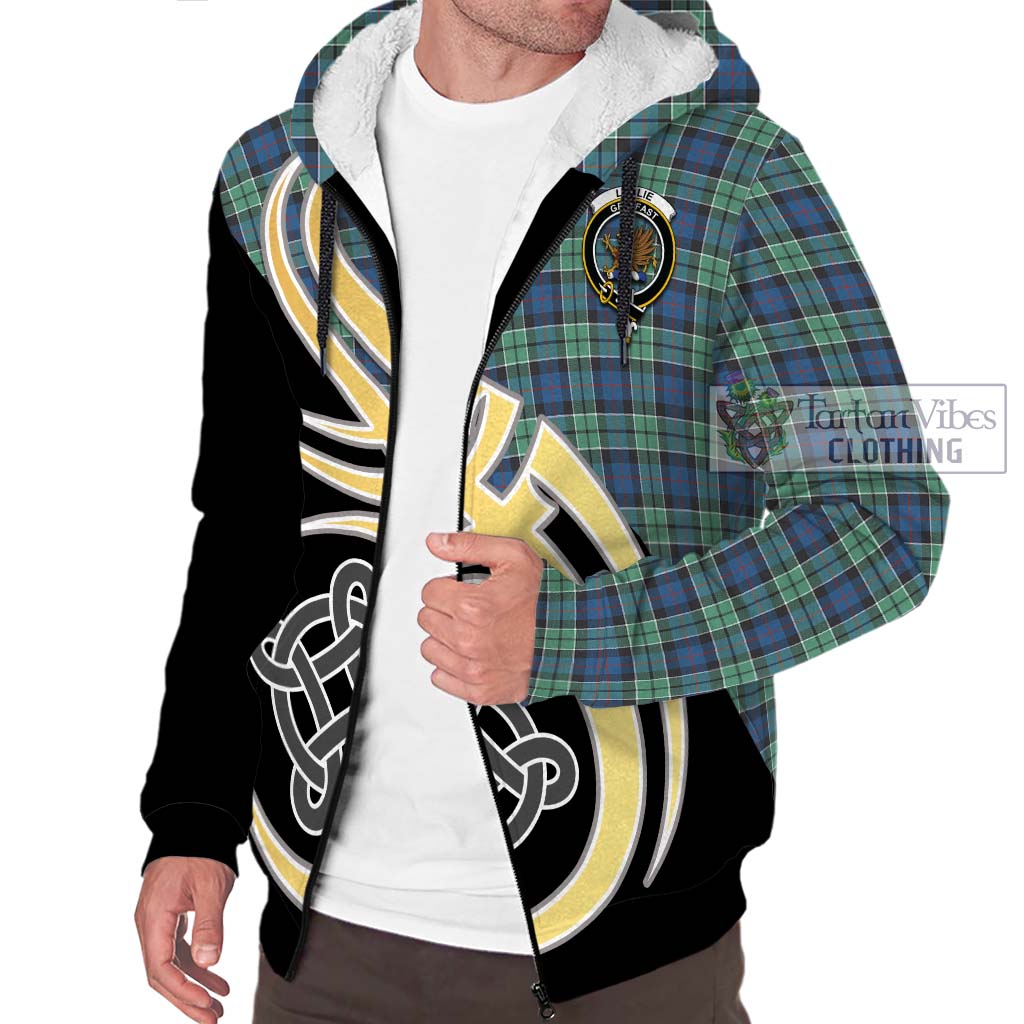 Leslie Hunting Ancient Tartan Sherpa Hoodie with Family Crest and Celtic Symbol Style - Tartan Vibes Clothing