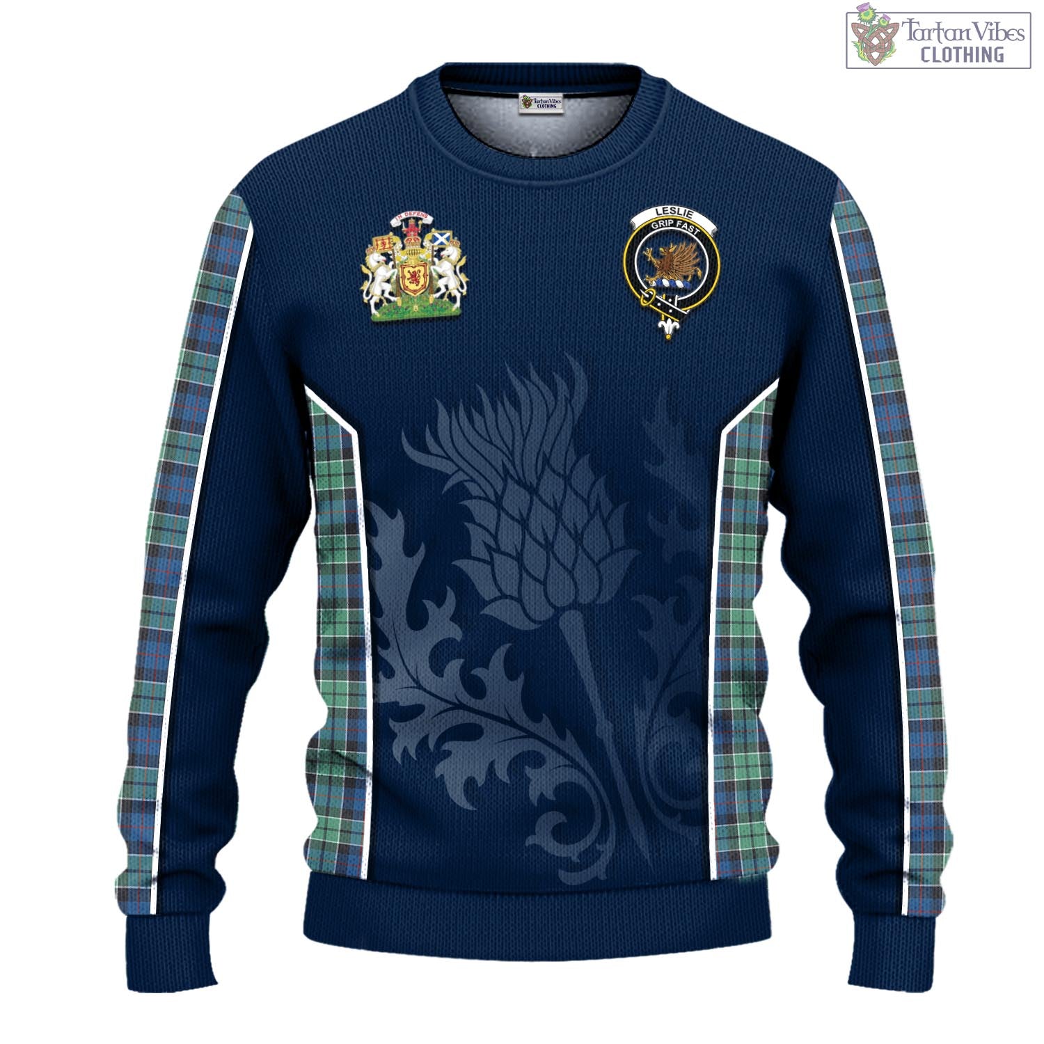 Tartan Vibes Clothing Leslie Hunting Ancient Tartan Knitted Sweatshirt with Family Crest and Scottish Thistle Vibes Sport Style