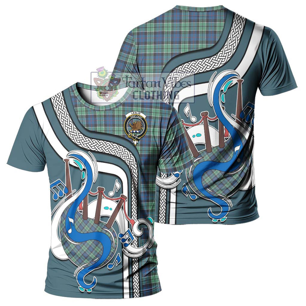 Leslie Hunting Ancient Tartan T-Shirt with Epic Bagpipe Style - Tartanvibesclothing Shop