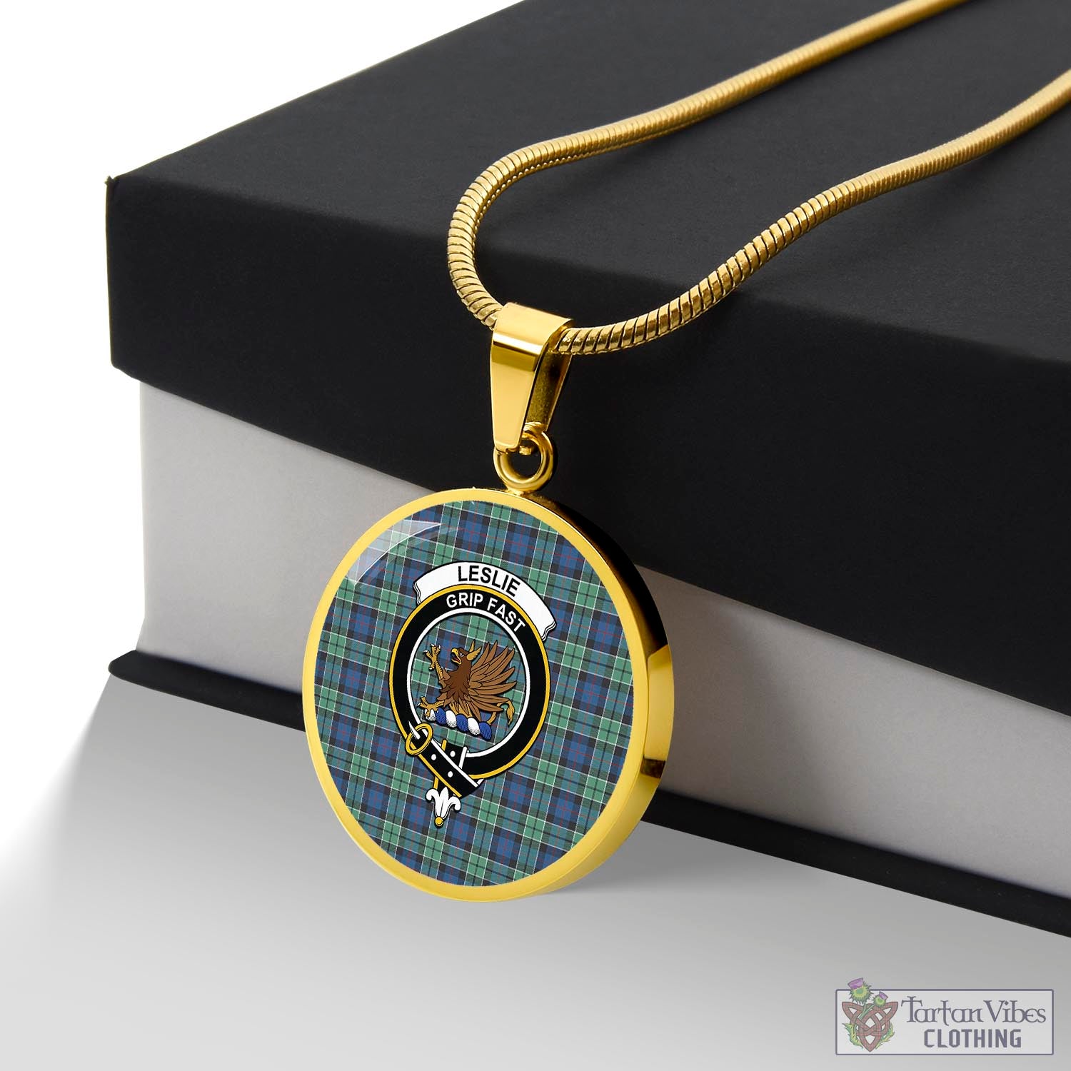 Tartan Vibes Clothing Leslie Hunting Ancient Tartan Circle Necklace with Family Crest