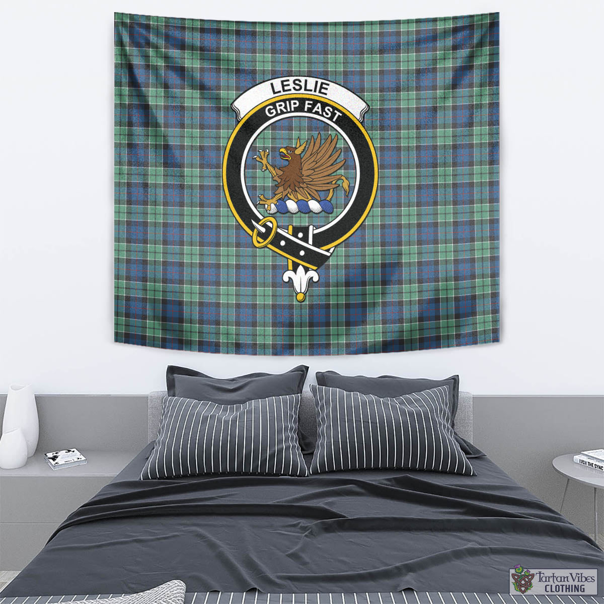 Tartan Vibes Clothing Leslie Hunting Ancient Tartan Tapestry Wall Hanging and Home Decor for Room with Family Crest