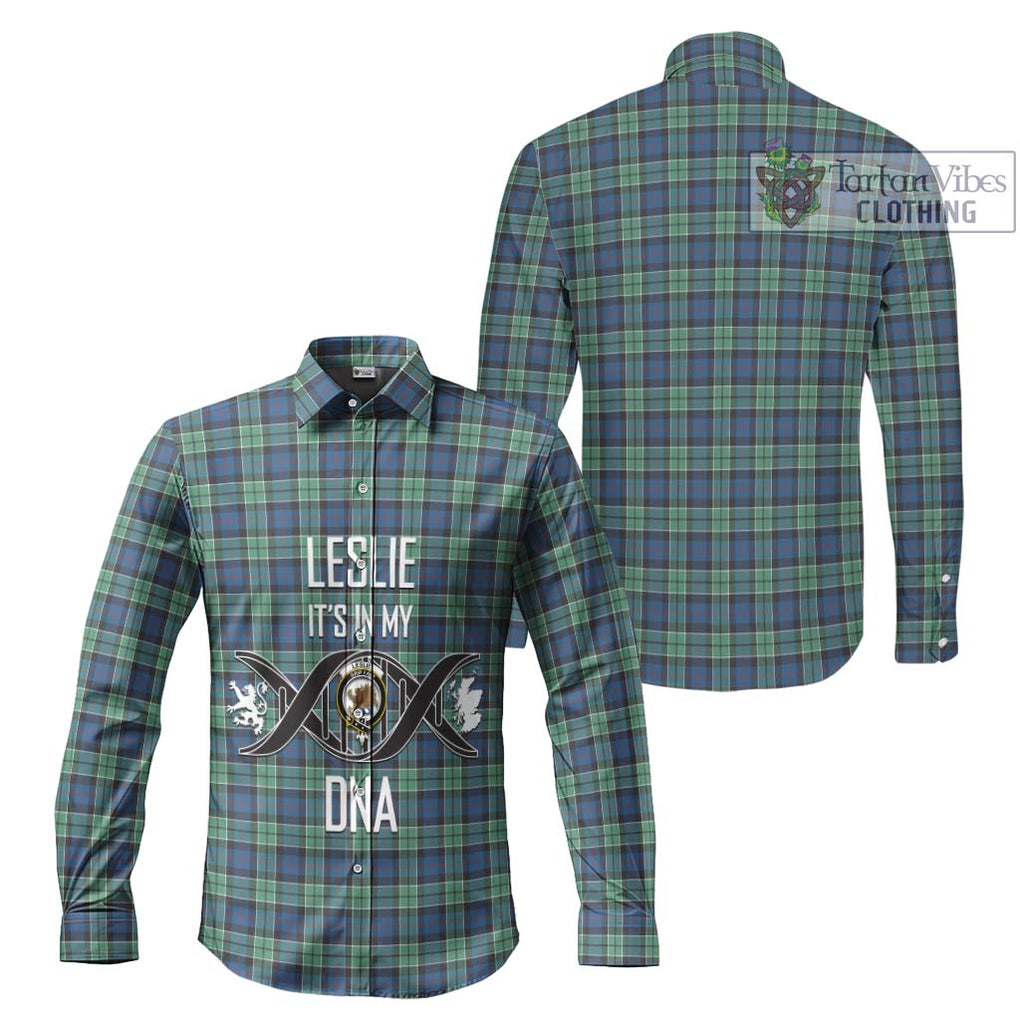 Leslie Hunting Ancient Tartan Long Sleeve Button Shirt with Family Crest DNA In Me Style Men's Shirt - Tartanvibesclothing Shop