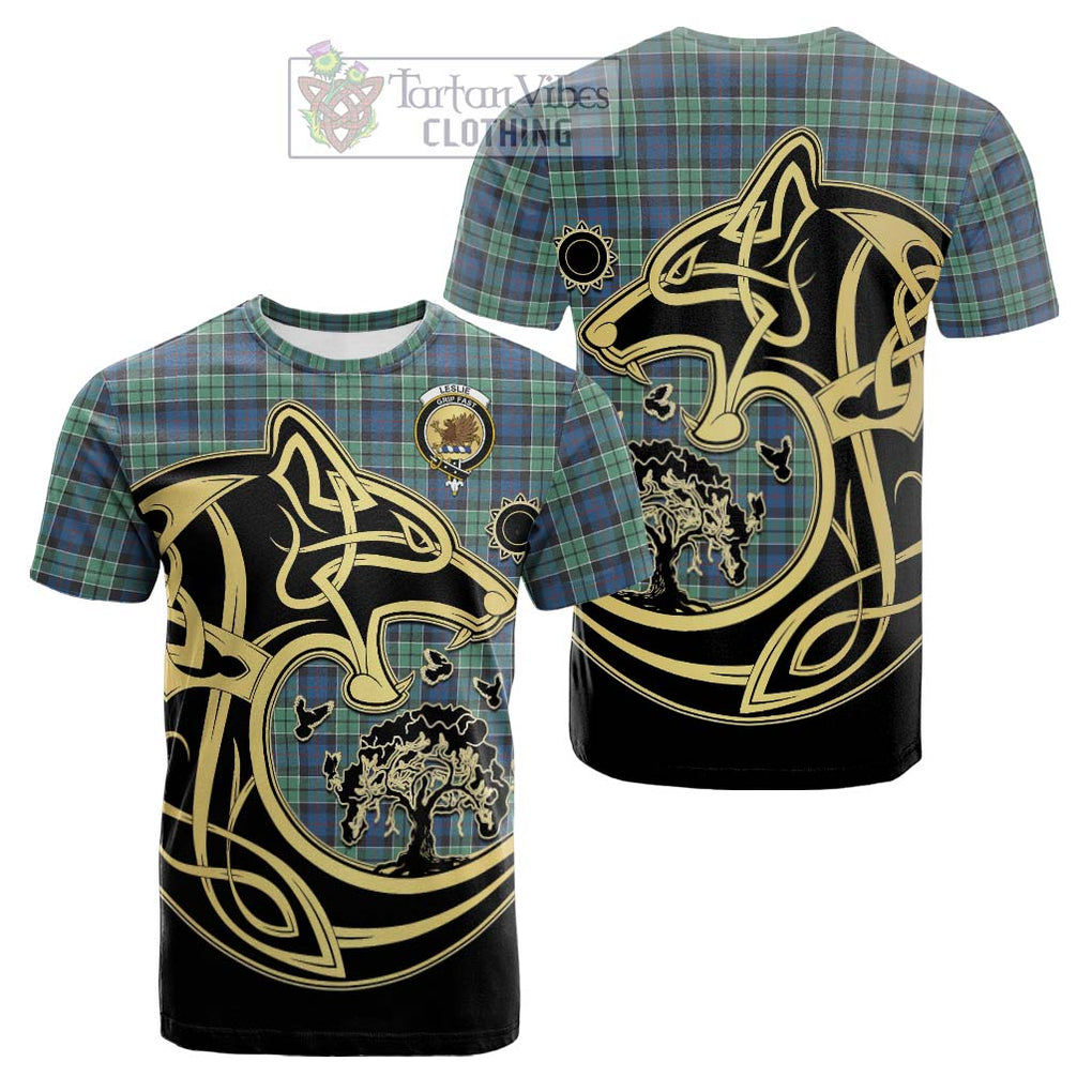 Tartan Vibes Clothing Leslie Hunting Ancient Tartan Cotton T-shirt with Family Crest Celtic Wolf Style