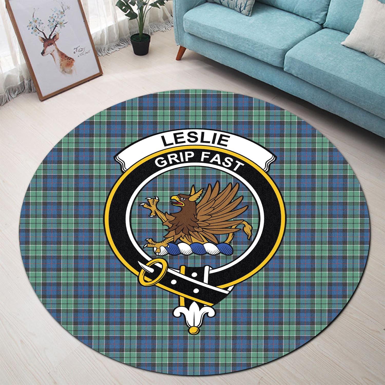 leslie-hunting-ancient-tartan-round-rug-with-family-crest