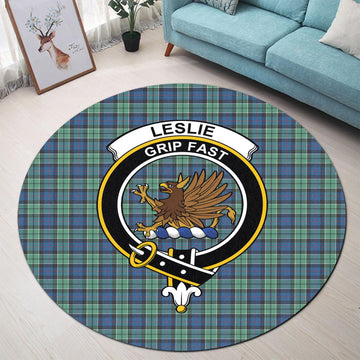 Leslie Hunting Ancient Tartan Round Rug with Family Crest