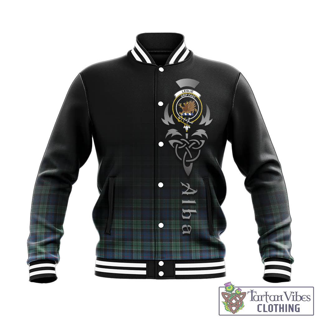 Tartan Vibes Clothing Leslie Hunting Ancient Tartan Baseball Jacket Featuring Alba Gu Brath Family Crest Celtic Inspired