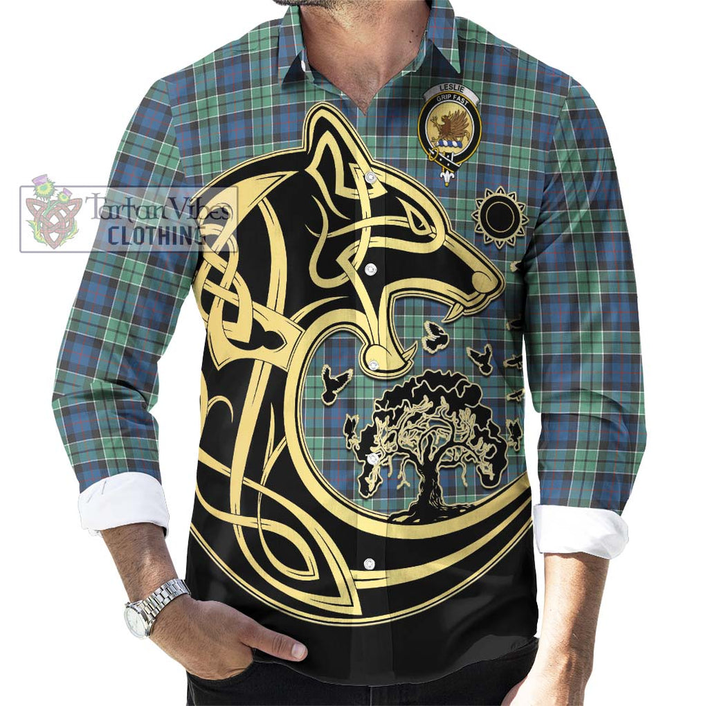 Leslie Hunting Ancient Tartan Long Sleeve Button Shirt with Family Crest Celtic Wolf Style - Tartan Vibes Clothing